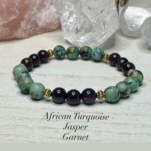African Turquoise Jasper and Garnet Beaded Stretch Bracelet